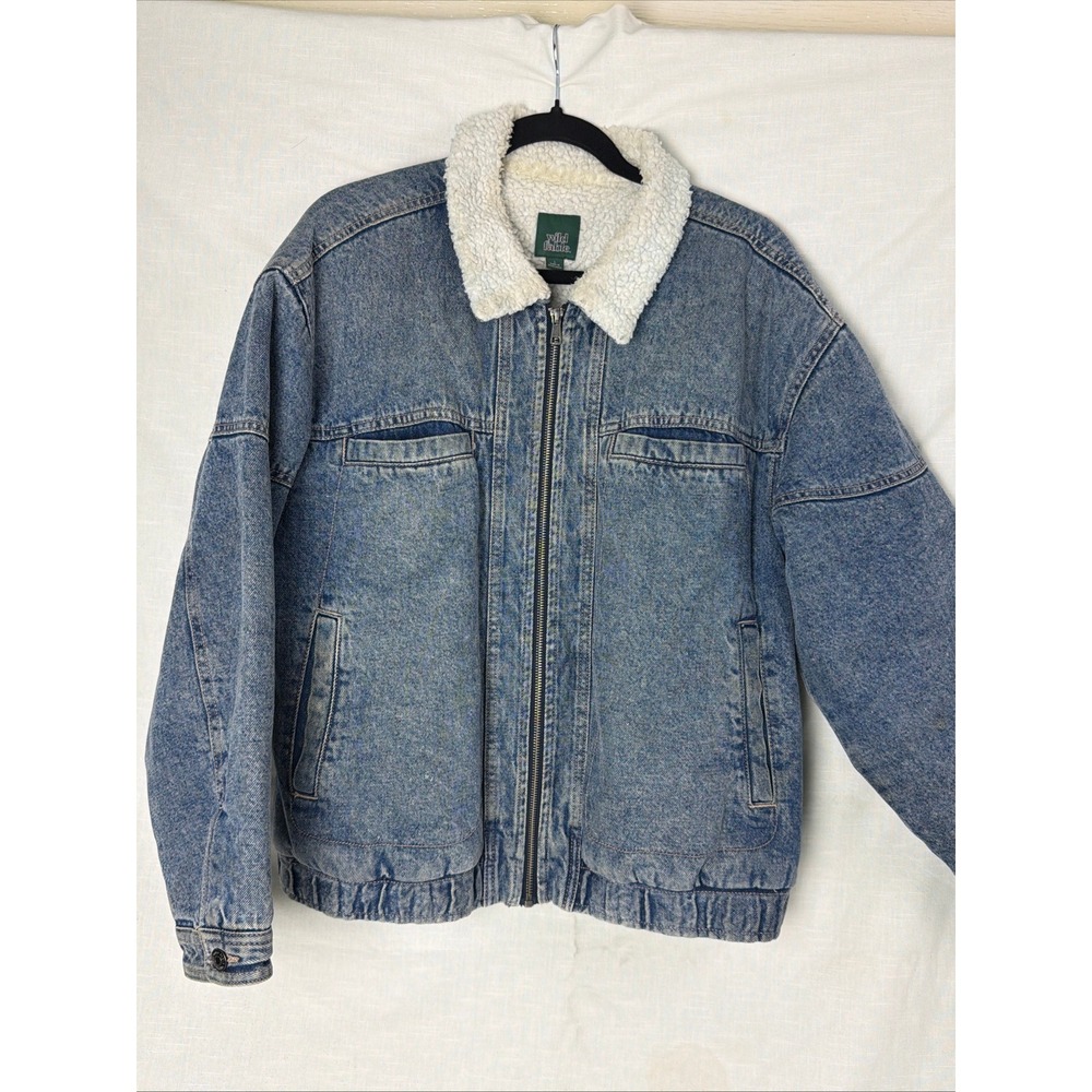 Wild Fable Denim Bomber Jacket Medium Wash Sherpa Collar Blue Zip Up Large
